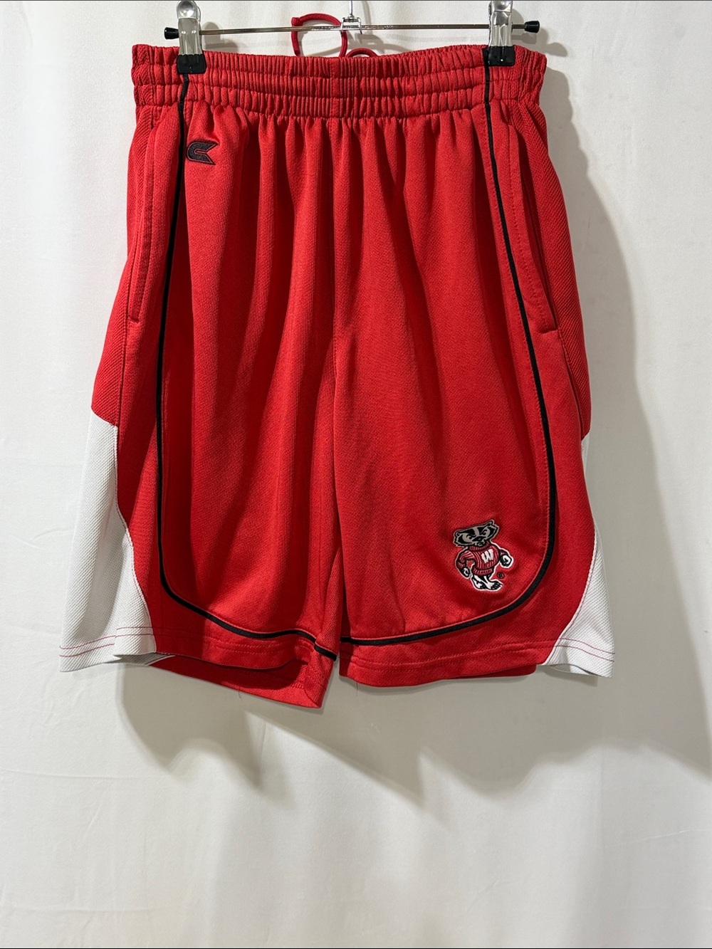 Colosseum Red Boys Athletic Shorts with White Panels. Wisconsin Badger